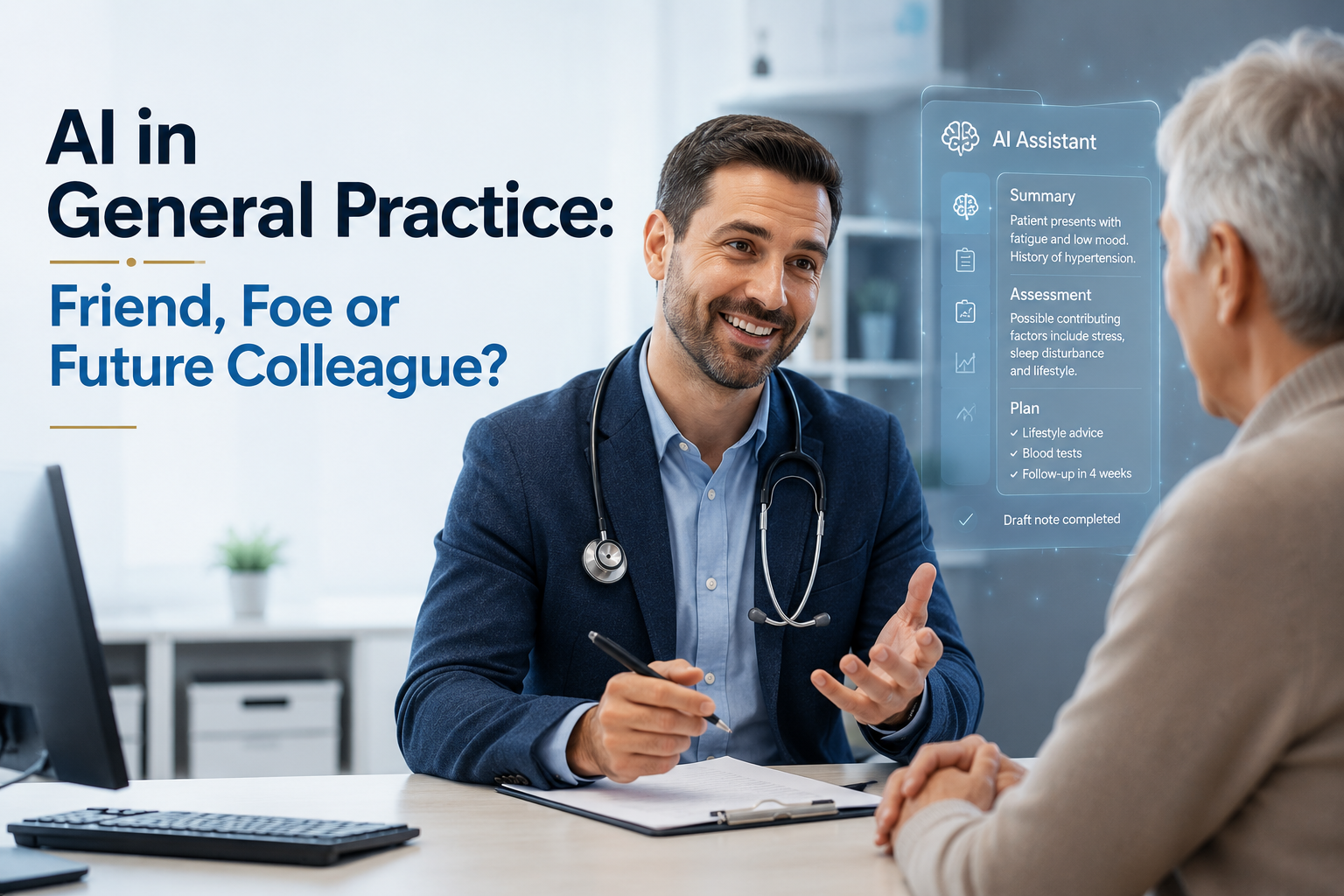 AI in General Practice: Friend, Foe or Future Colleague? — a GP consulting with a patient alongside an AI assistant panel