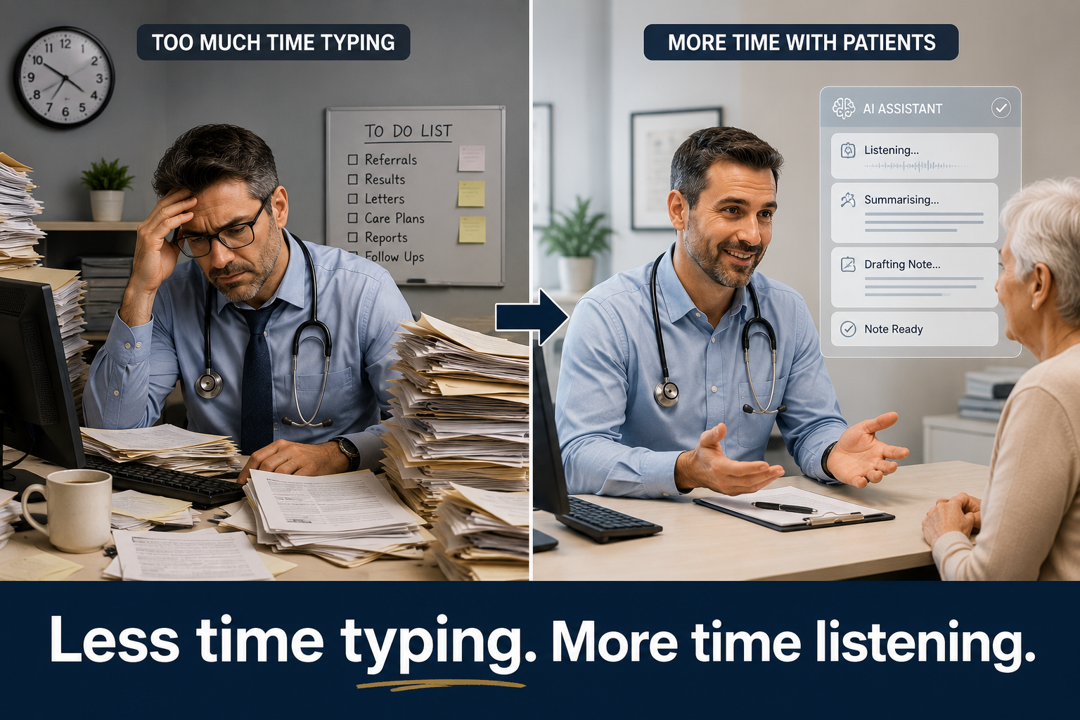 Before and after: too much time typing at a cluttered desk, versus more time with patients using an AI assistant that listens, summarises and drafts notes — less time typing, more time listening