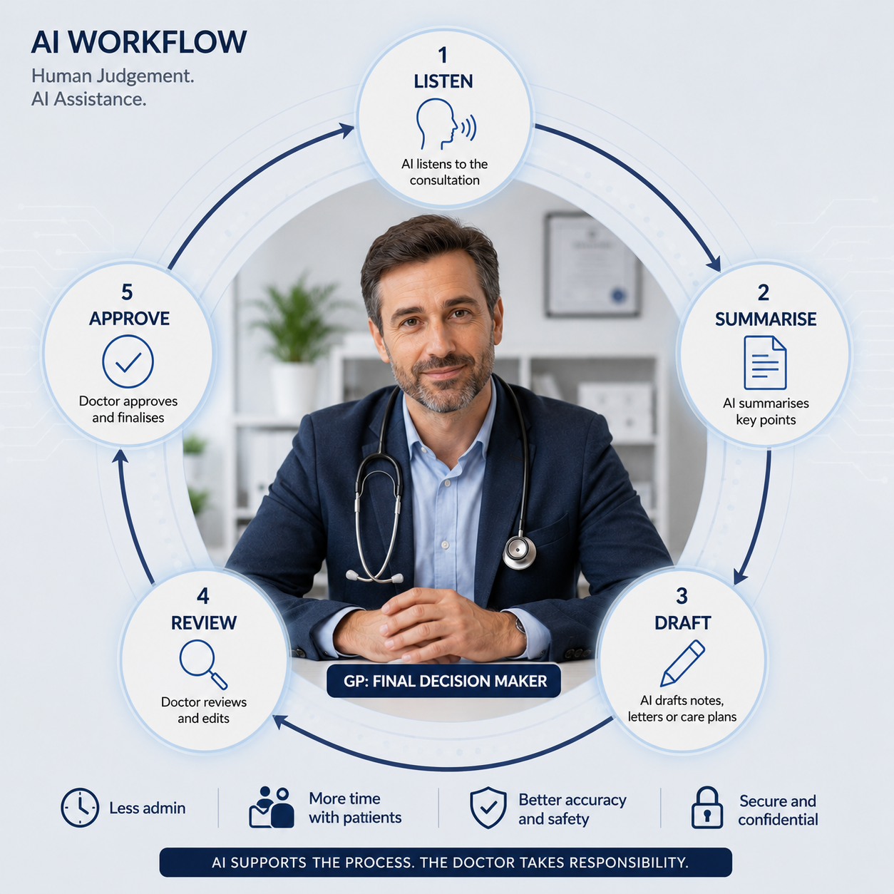AI workflow: human judgement, AI assistance. Five steps — AI listens, summarises, drafts; doctor reviews, edits and approves. GP remains the final decision maker; AI supports the process, the doctor takes responsibility