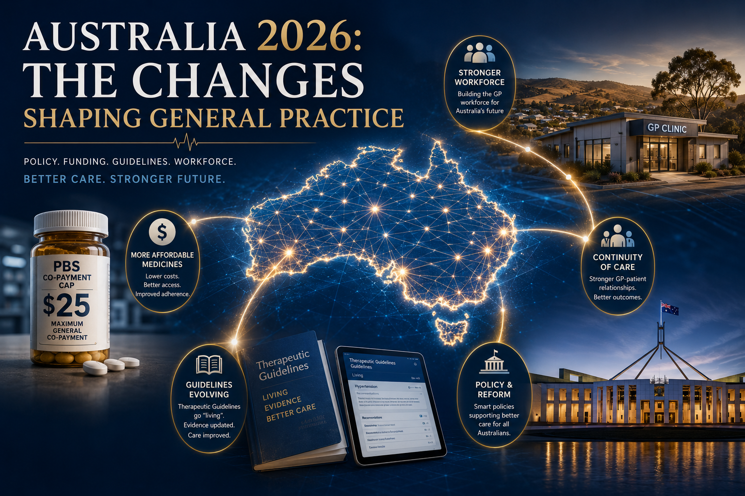 Australia 2026: The Changes Shaping General Practice — policy, funding, PBS changes, guideline updates and workforce reforms, including the $25 PBS co-payment cap, living Therapeutic Guidelines and a stronger GP workforce.