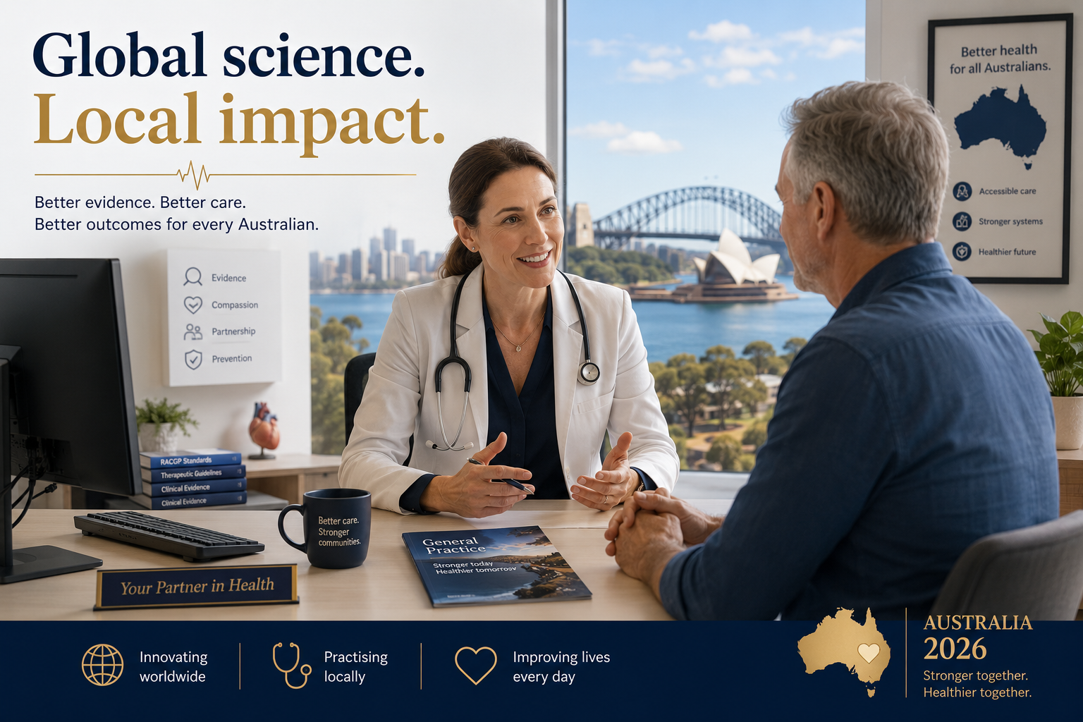 Global science, local impact — a GP consultation set against the Sydney Harbour Bridge and Opera House, representing accessible care, stronger systems and a healthier future for all Australians.