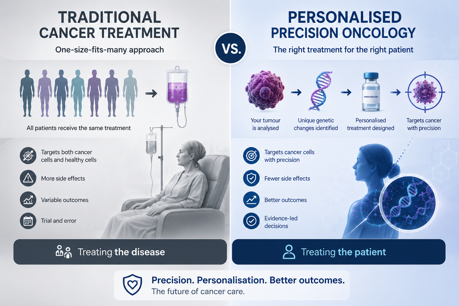 Traditional cancer treatment, a one-size-fits-many approach treating the disease, versus personalised precision oncology, the right treatment for the right patient, treating the patient