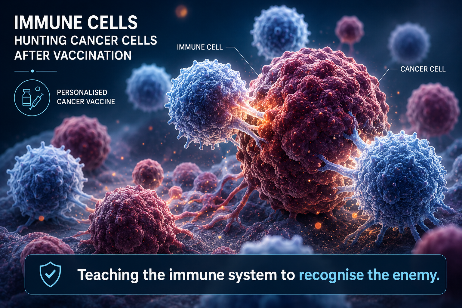 Immune cells hunting cancer cells after vaccination — teaching the immune system to recognise the enemy