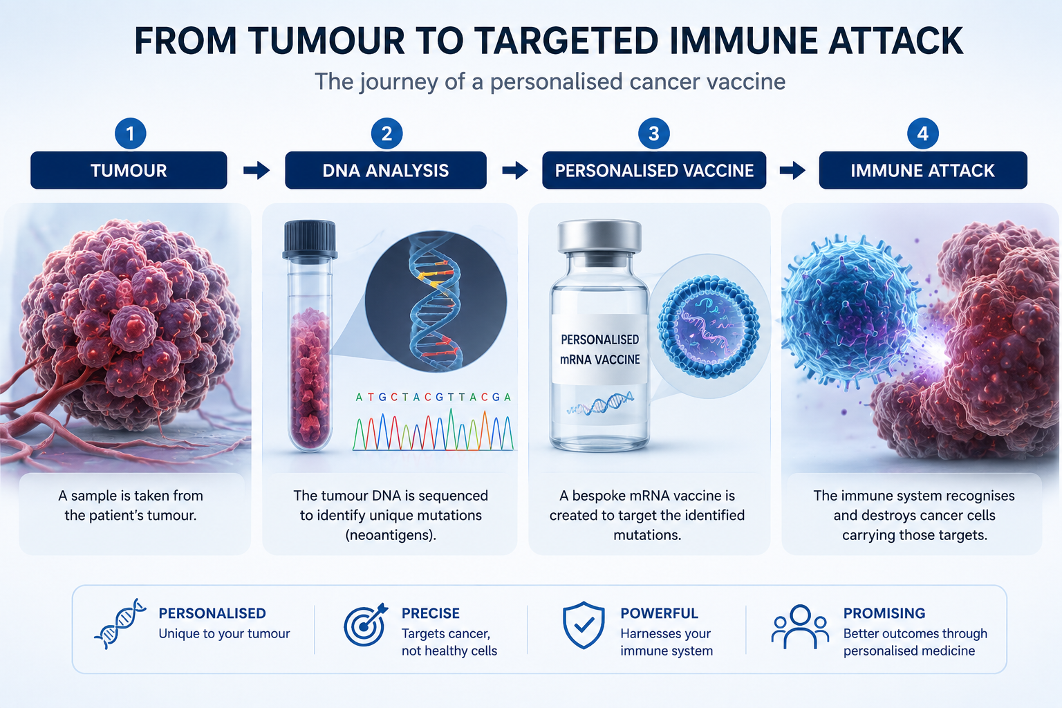 From tumour to targeted immune attack: a sample is taken from the patient's tumour, the DNA is sequenced to identify unique mutations, a bespoke mRNA vaccine is created to target those mutations, and the immune system recognises and destroys cancer cells carrying those targets
