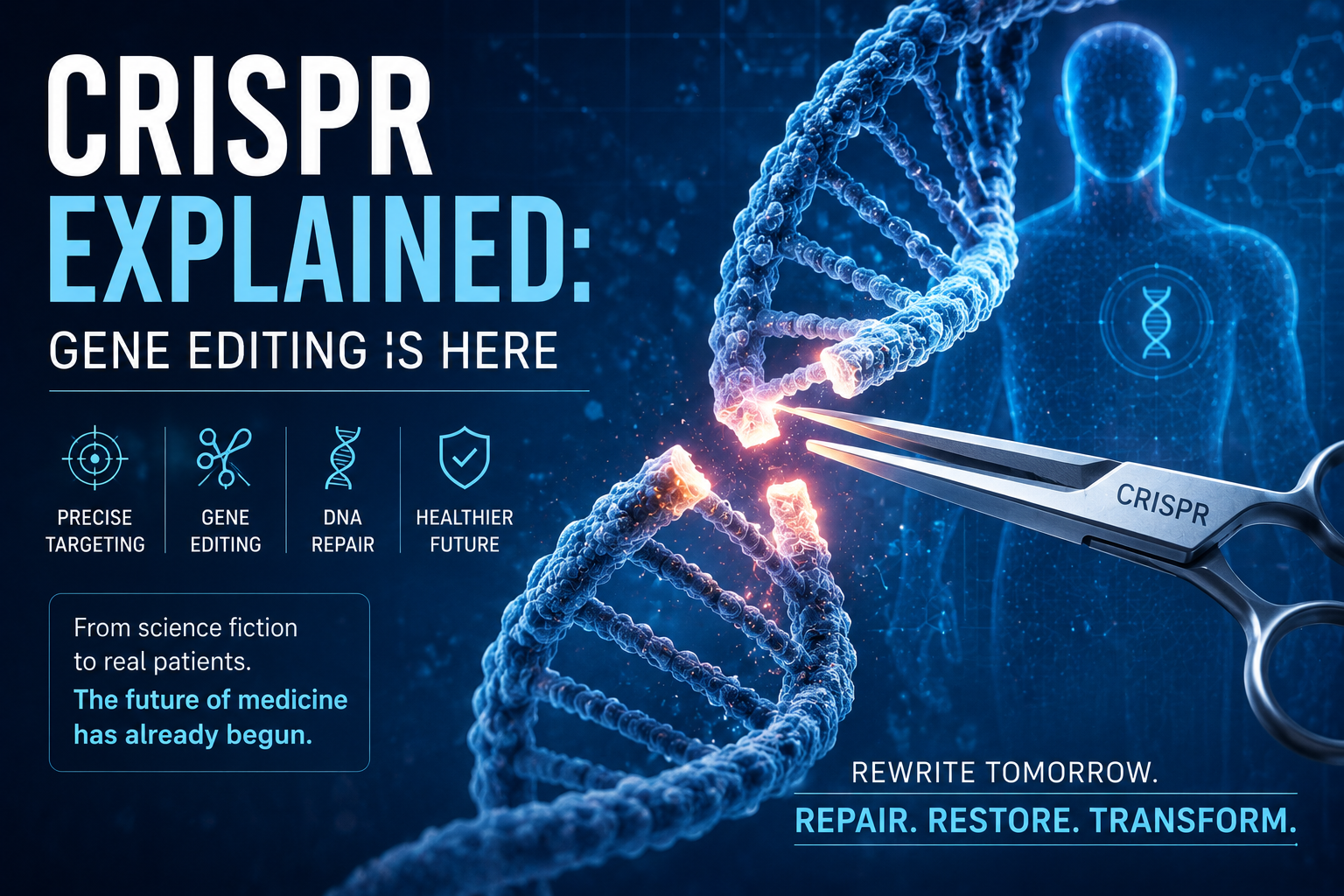 CRISPR Explained: Gene Editing Is Here — precise targeting, gene editing, DNA repair, healthier future. Rewrite tomorrow. Repair. Restore. Transform.