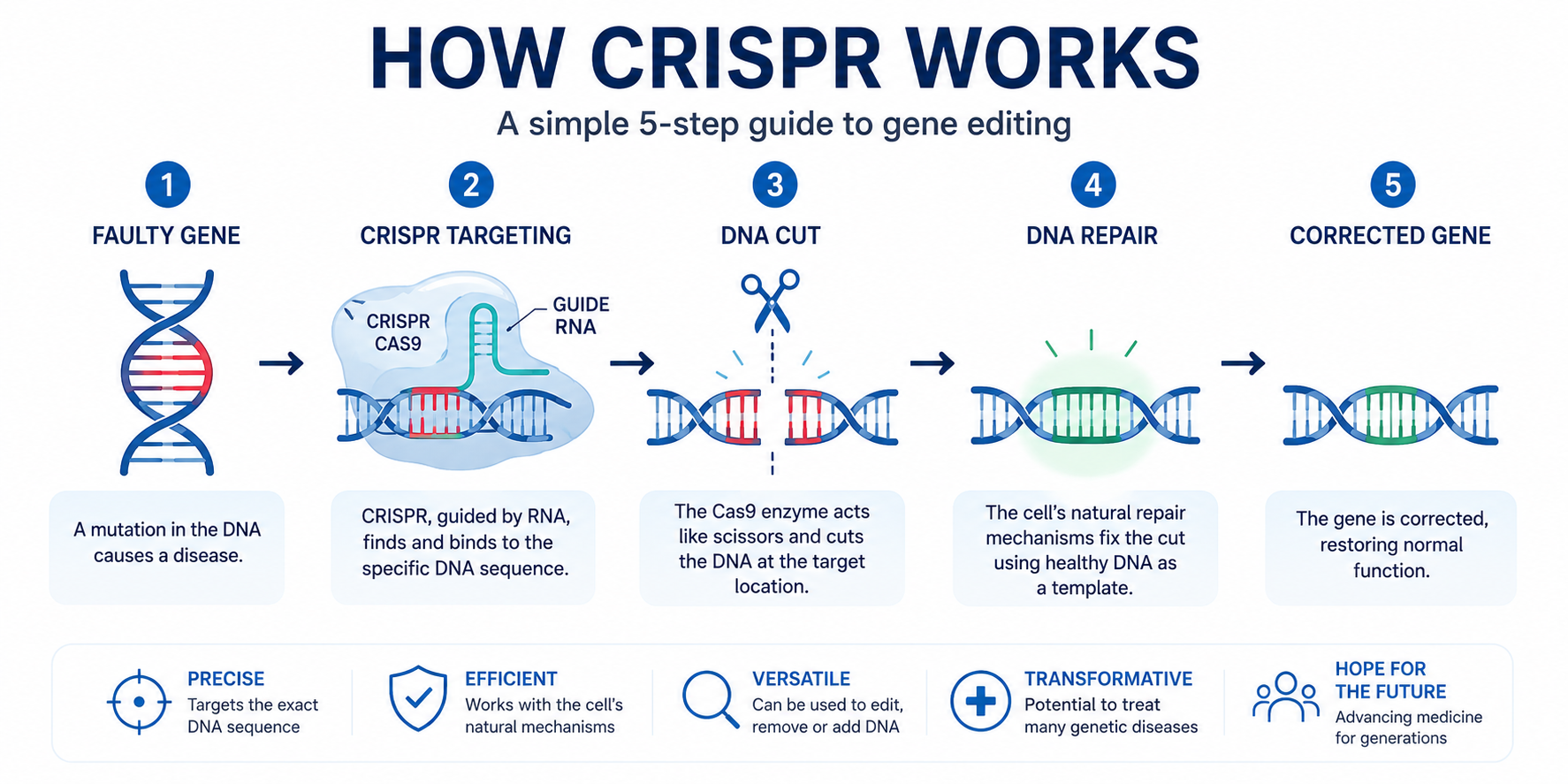 How CRISPR works — a simple 5-step guide to gene editing: faulty gene, CRISPR targeting with guide RNA, DNA cut, DNA repair using a healthy template, corrected gene