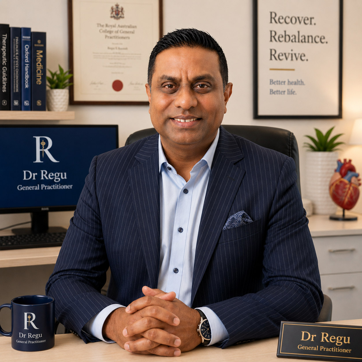Dr Regu, General Practitioner, at his desk in Frankston, Victoria.